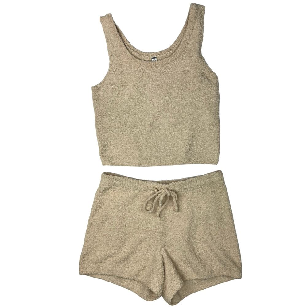 Uniqlo Beige Tan 2 Piece Terry Fleece Activewear Crop Top & Shorts Set Size M